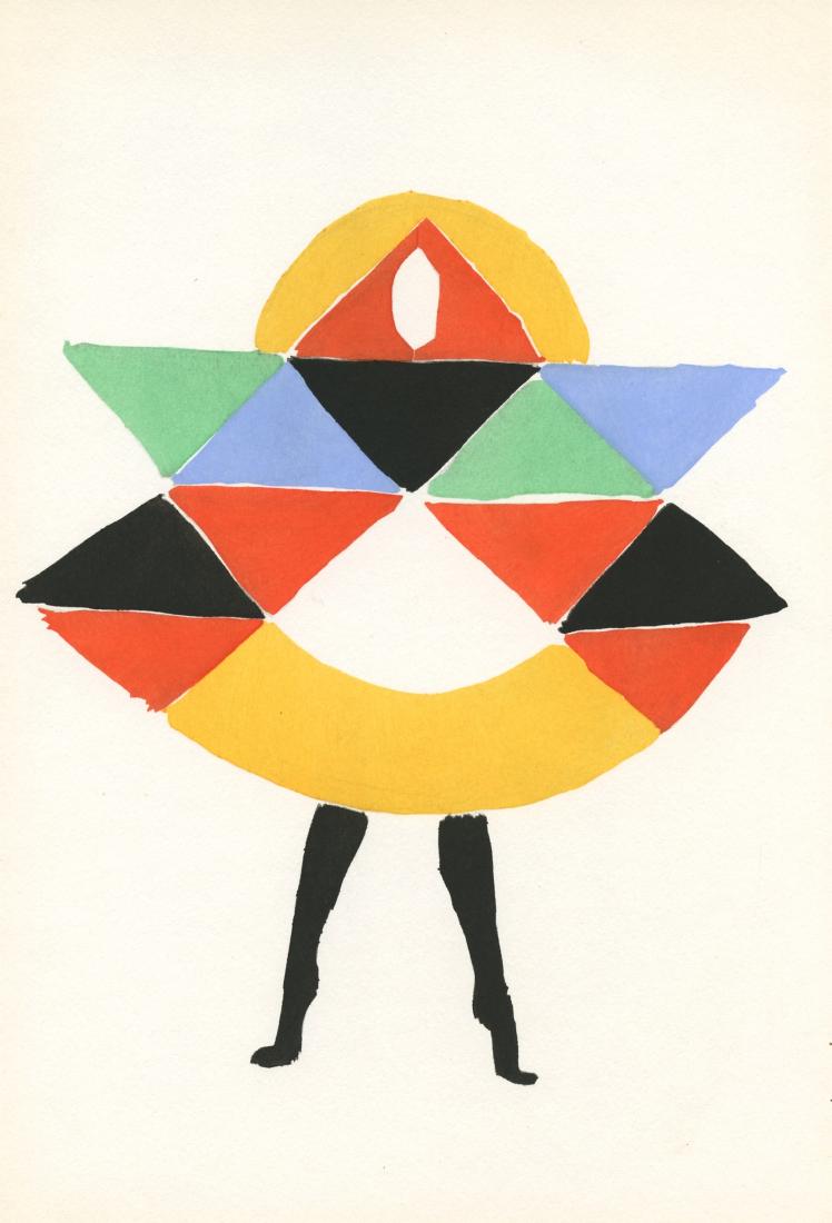 Sonia Delaunay pochoir "Danseuse": Medium: pochoir (after the watercolor). Published in 1969 for the rare "Tableaux Vivants" portfolio, issued in Milan by Edizioni del Naviglio. This is a splendid impression on Aussedat wove paper from