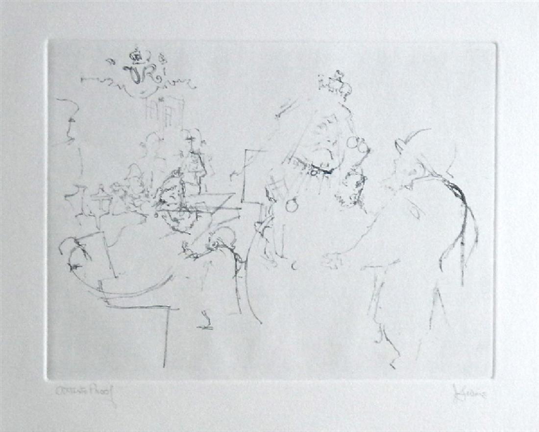 Jack Levine signed original etching "Victoria's: Medium: original soft ground etching, signed in pencil and annotated "Artist's Proof". This etching was executed in 1967 for the "Dreigroschen Film" series, for the limited edition portfolio published