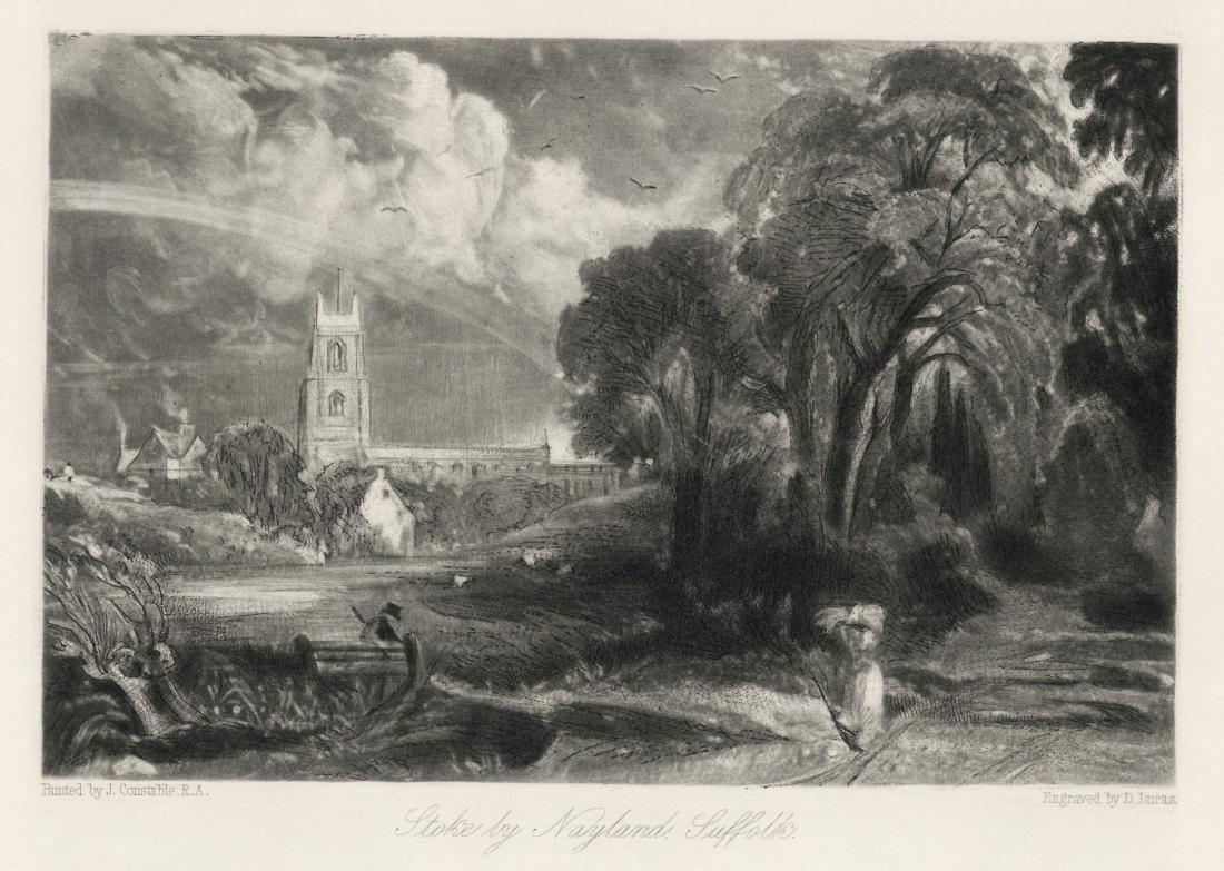 Sir John Constable / David Lucas mezzotint "Stoke by: This beautiful mezzotint engraving was composed by John Constable and engraved by David Lucas. It is from the much sought-after "English Landscape" series; this impression on cream wove paper is from