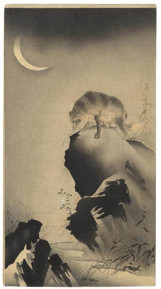 Hommage to Mori Tetsuzan Tanuki and Crescent Moon: Artist: Hommage to Mori Tetsuzan Title: Tanuki and Crescent Moon Publisher: Publisher: Early 20th century Publisher: Japanese Woodblock Print Size/Format: 19.2 x 35.2 cm Reserve: $300.00 Shipping: