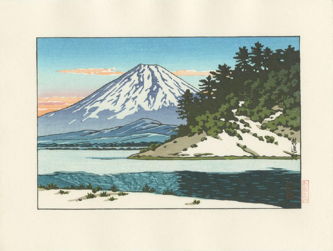 Hasui Kawase Lake Shoji and Mt. Fuji: Artist: Hasui Kawase Title: Lake Shoji and Mt. Fuji Series: Publisher: Shoichiro Watanabe Date: Medium: Japanese Woodblock Print Size: koban, 9 x 6.75 inches Notes: KAWASE HASUI (1883 – 1957) was a 