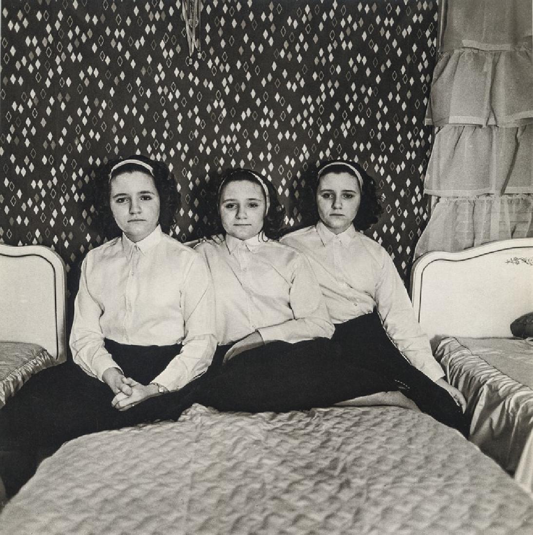 DIANE ARBUS - Triplets in their Bedroom, NJ, 1963: Artist: Arbus, Diane Title: Triplets in their Bedroom, NJ, 1963 Medium: Photo Litho, 1972, USA Dimensions: 8.25x8.25" Heat Wax Mounted on 11x14" Conservation Board Diane Arbus was an American photogra