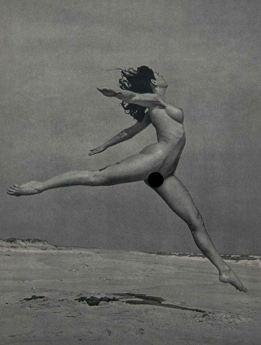 ANDRE DE DIENES - Leaping Nude: Artist: De Dienes, Andre Title: Leaping Nude Medium: Sheet Fed Gravure, 1950s, France Dimensions: 8.8x11.5" Heat Wax Mounted on 14x18" Conservation Board Andre De Dienes was a Hungarian photographer, 