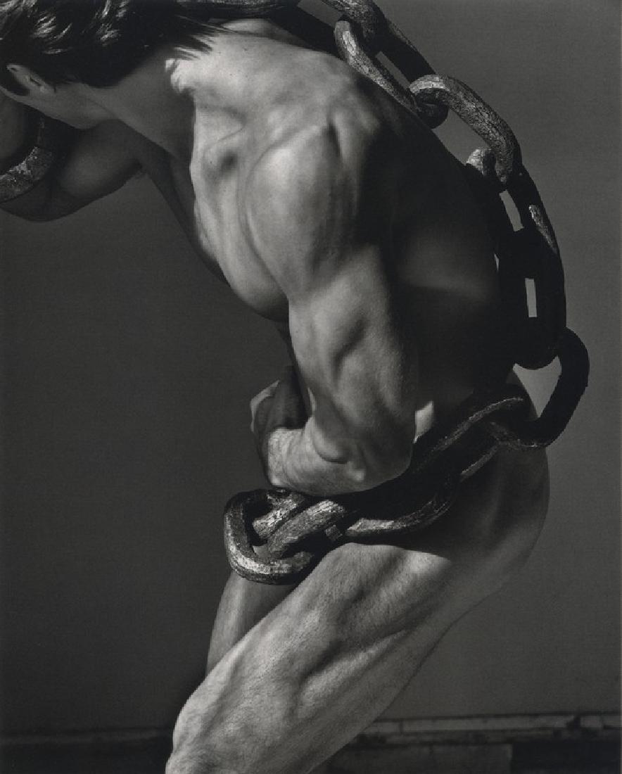 HERB RITTS - Nude Man With Chain: Artist: Ritts, Herb Title: Nude Man With Chain Medium: Photo Litho, 1992, Japan Dimensions: 7x8.7" Heat Wax Mounted on 11x14" Conservation Board Herb Ritts (1952-2002) was an American fashion photogra