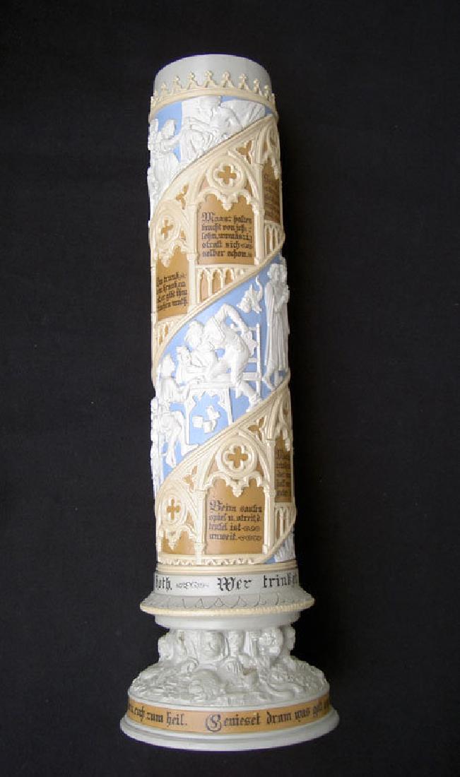 A Mettlach Stein beaker, c. 1900: Reserve Reduced! A large German Stein in relief-moulded "Cameo" stoneware. Incised tower mark, Mettlach, VB (for Villeroy & Bosch) and 02 for 1902. The inside white glazed, the exterior relief-moulded