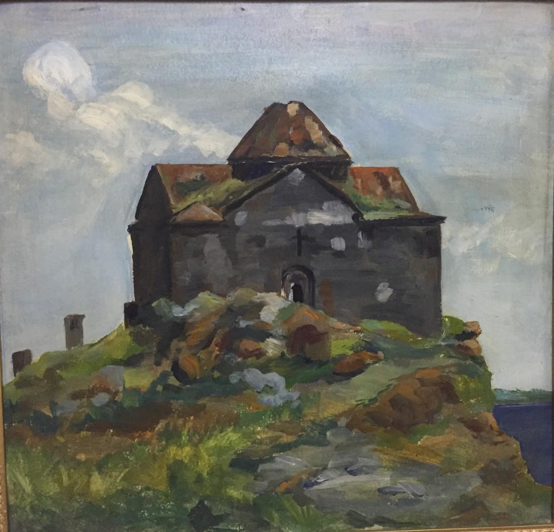 Sevan church - Russian school 10: Title: Sevan church - Russian school 10 Medium: oil on cardboard, oil on canvas Dimensions: 52,2x51,5 cm Additional Information: russian soviet paintings by an unidentified master from private collect