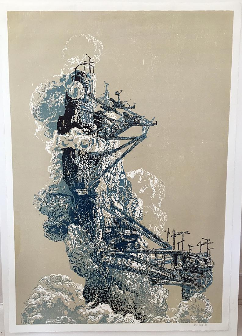 Ferropolis 2011 - Kai Schiemenz: Title: Ferropolis 2011 Artist: Kai Schiemenz Medium: Large three color woodcut on heavy zerkall butten paper Dimensions: 54" x 39" Description: Color woodcut Reserve: $600.00 Shipping: Domestic: Flat-