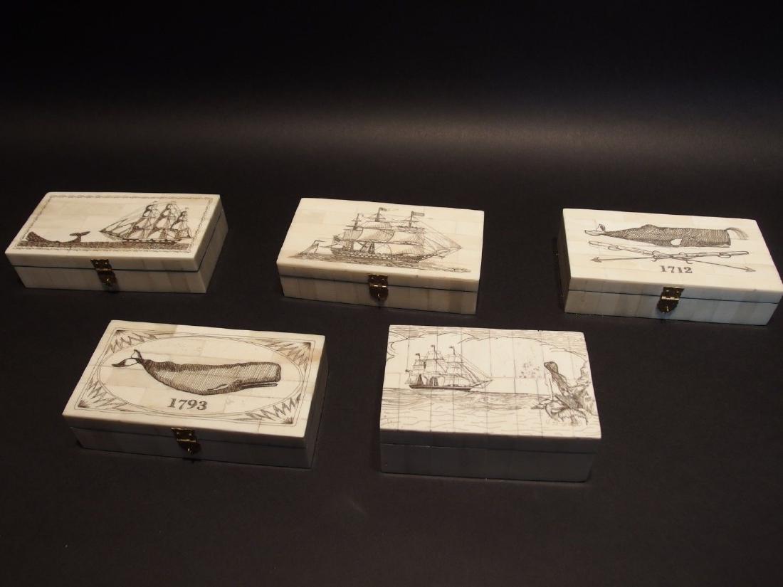 5 Folk Art Scrimshaw Etched Bone & Wood Trinket Box set: Description 5 boxes as shown each are 6 3/8" Long x 3 7/8" Wide x 1 5/8" High Wonderful new reproduction scrimshaw carved bovine bone box. As you can see this piece is tiled with bone on wood and deco