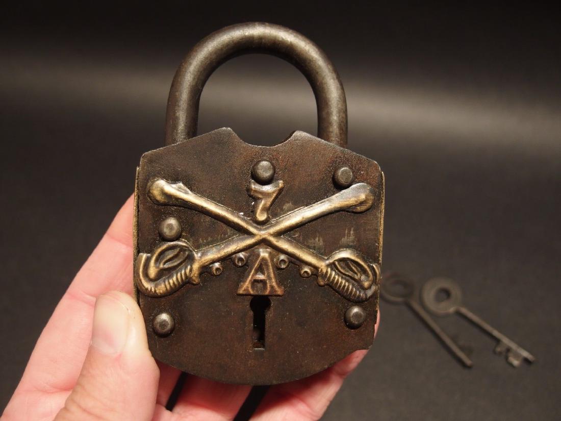 Iron Ammo Box Lock Key 7th Calvary Civil War Padlock: 4" Tall x 2 5/8" Wide 1" Thick Just wonderful heavy duty antique reproduction iron padlock with keys. Fully functional, looks great on an old truck or chest! Reserve:$25.00 Shipping: Domestic: Flat-ra
