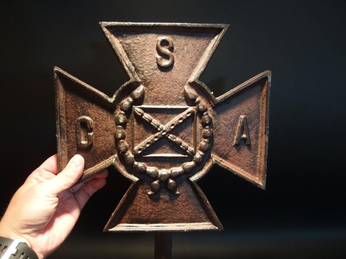 NEW Civil War Cast Iron CSA Cross Sign Plaque Grave: 10 7/8" Wide x 10 7/8" Tall,.. with the stake it is 22 3/8" Tall Wonderful NEW reproduction of a cast iron grave marker. Made to look old, but is new. Reserve:$35.00 Shipping: Domestic: Flat-rate o