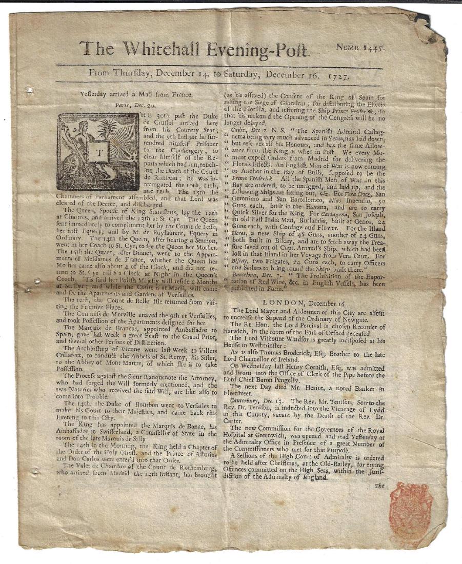 1727 issue of The Whitehall Evening Post (1 of 2)