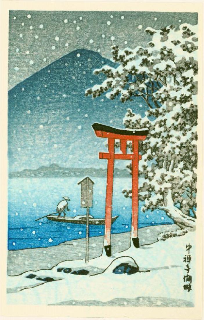 Kawase Hasui Japanese Woodblock Print - Chuzenji Lake,: Kawase Hasui Chuzenji Lake, Nikko Date: 1930s. This edition early postwar. Size: Approximately 5.75 x 3.5 inches. Publisher: Watanabe Shozaburo Not signed by artist. Tipped along top edge to original 