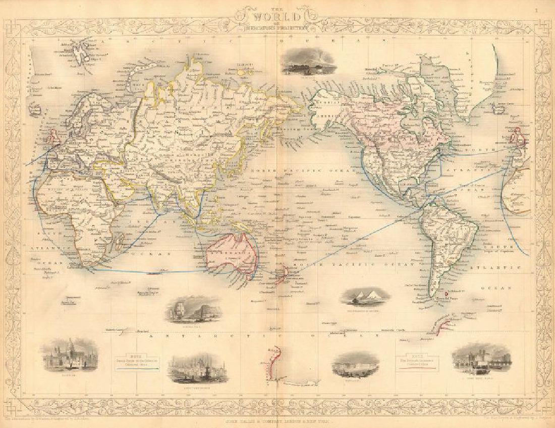 WORLD/British Empire. 'Steam routes to the colonies'.: TITLE/CONTENT OF MAP: 'The World on Mercator's Projection' Vignettes: Gibraltar; London; Constantinople; Niagara; The Pyramids of Ghizeh; Pont Neuf, Paris; Vesuvius. The steam ship routes to the colon