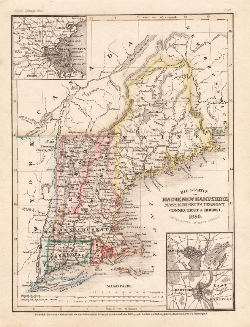 Meyer: New England with Boston & Other City Insets: Reserve Reduced! The highly detailed, well colored map of the New England states from Meyer's Zeitungs-Atlas, with insets of the Boston, Hartford, and New Haven areas.; rs1401; Bibliographischen Insti
