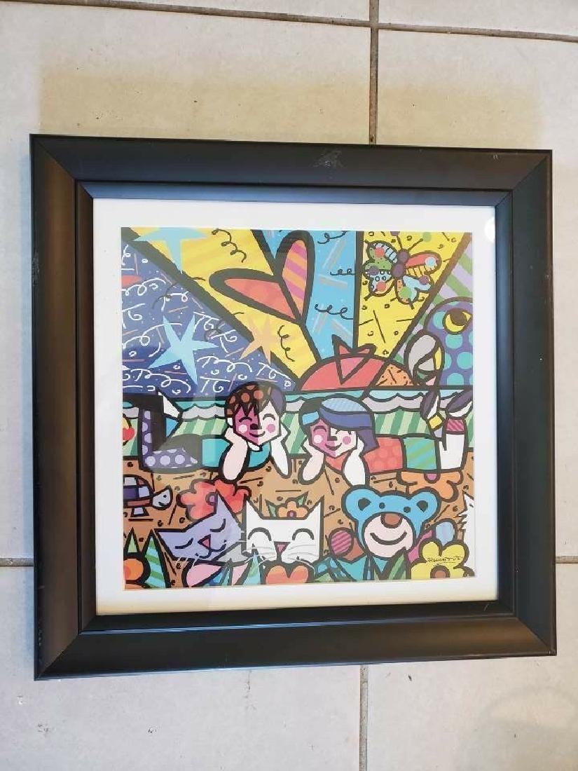 Romero Britto "Jack & Jill" Glassed Wood Frame Pop Art: Title: Romero Britto "Jack & Jill" Glassed Wood Frame Pop Art Materials: glass, wood and paper Size: 16x16" Romero Britto "Jack & Jill" Glassed Wood Frame Pop Art print Reserve: $20.00 Shipping: Domes