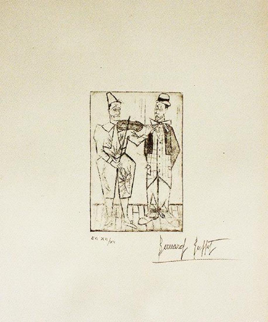 “The Circus: Two Clowns” Bernard Buffet, hand-signed: Title: “The Circus: Two Clowns”; rare, original etching by French artist Bernard Buffet, hand-signed. - Bernard Buffet Date: 1955 Medium: Etching on paper Dimensions: 5 ? x 3 ? on 14 ¾ x 11 ¾ in