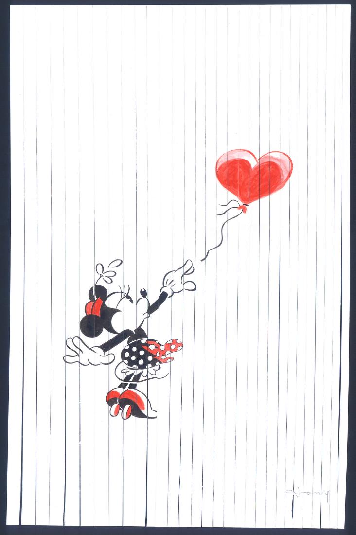 Original Painting - Minnie after Banksy: Artist: Tony Fernandez : MediumInk on Handmade Natural Paper : Size/Format15.75 x 15.75 in : PublisherDisney : SeriesInspired by : Additional InformationPhenomenal original painting of Daisy Duck insp