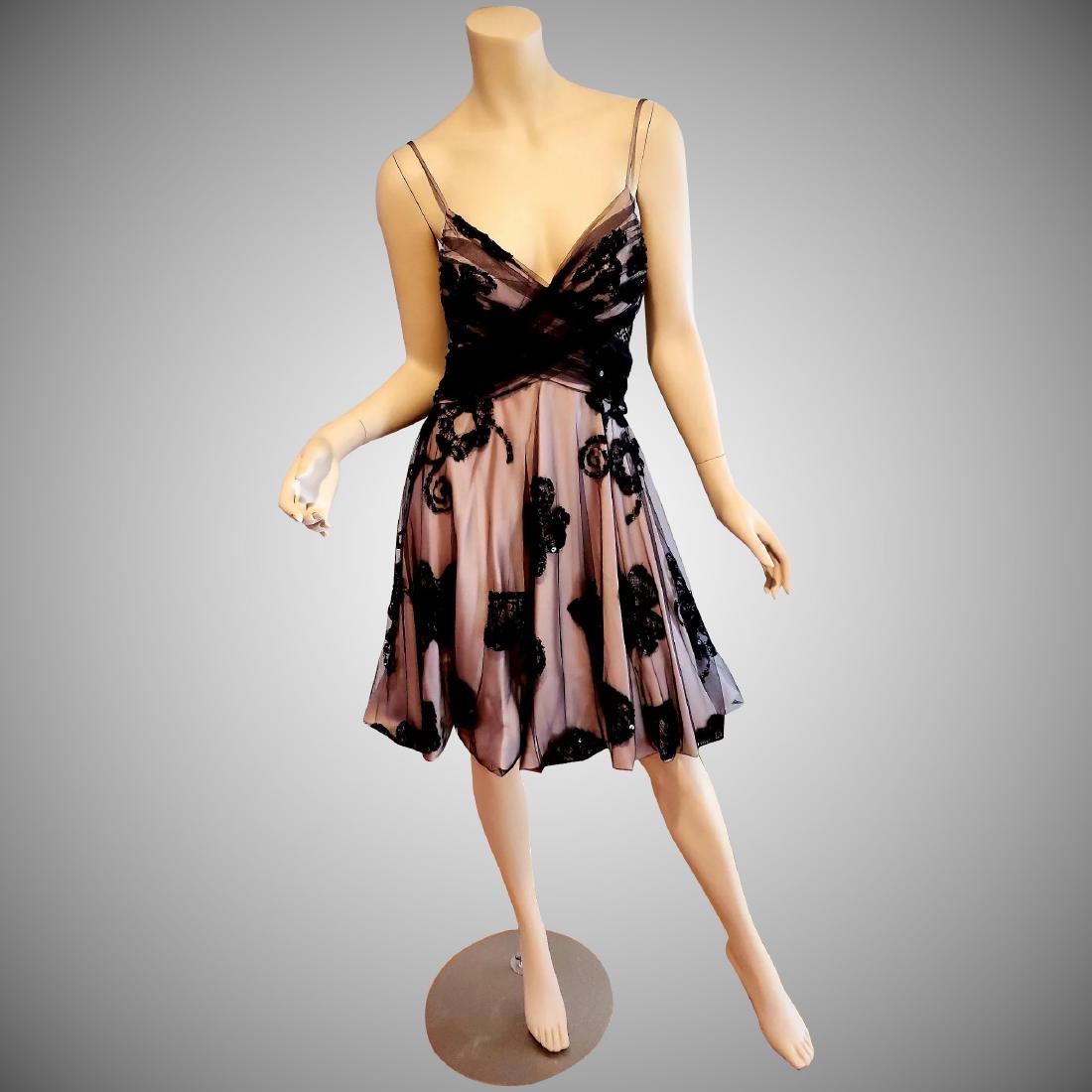 Vtg Giorgio Armani embroidery & Sequin cocktail Balloon: Vtg mid 90's Giorgio Armani Black & Nude tulle Embroidered & Squined . A truly Lovely Couture Armani dress Bubble Hem hand embroidered & sequined pattern. Se through webbing on upper back. Bust-30" Wa