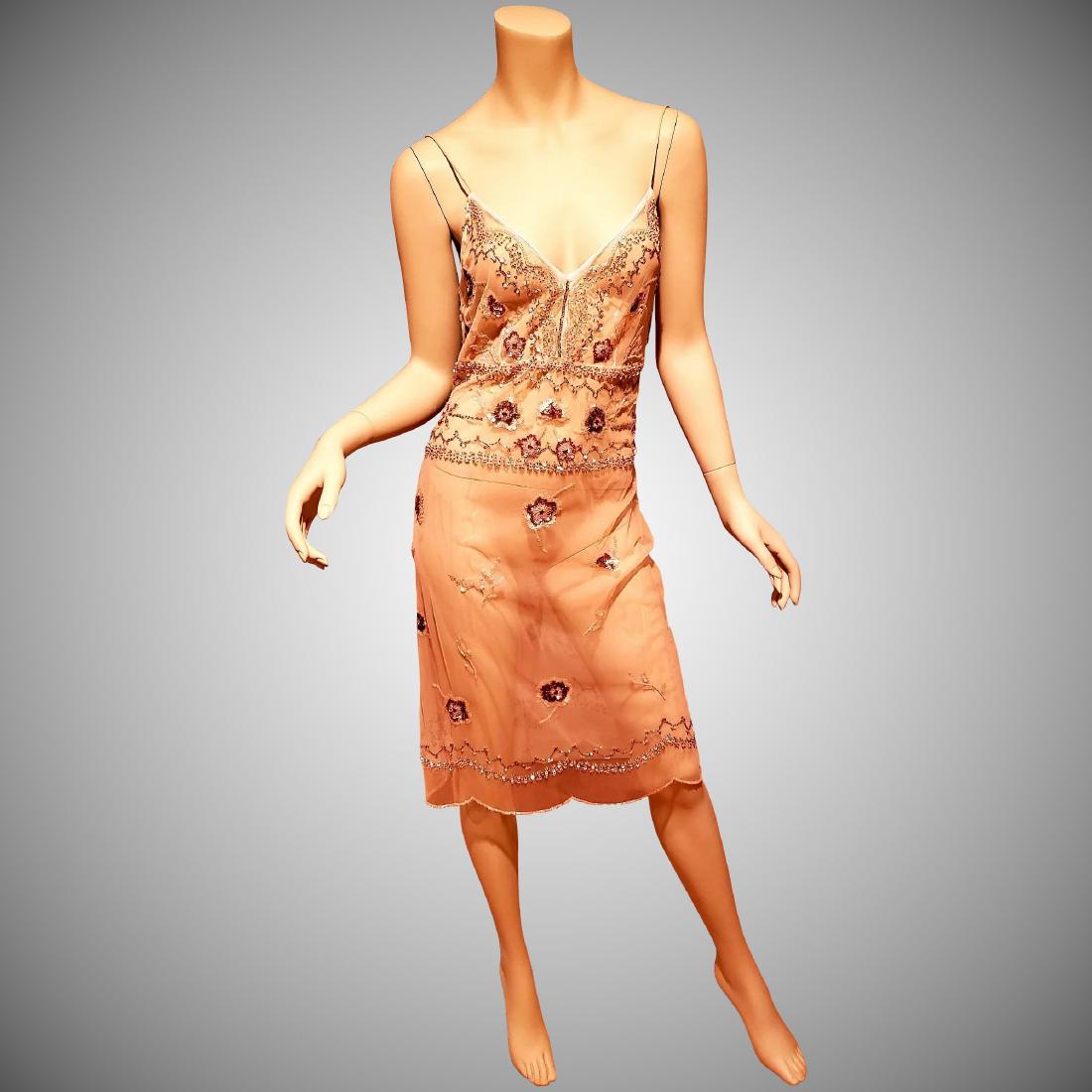 Vtg Layering fully beaded & sequin tulle dress: A real,beauty from th late 1970's early 1980's all embroidered with beads and mini sequins in a beautiful floral design. has a bit of copper . A back zipper. and spaghetti straps. A real beauty A Size