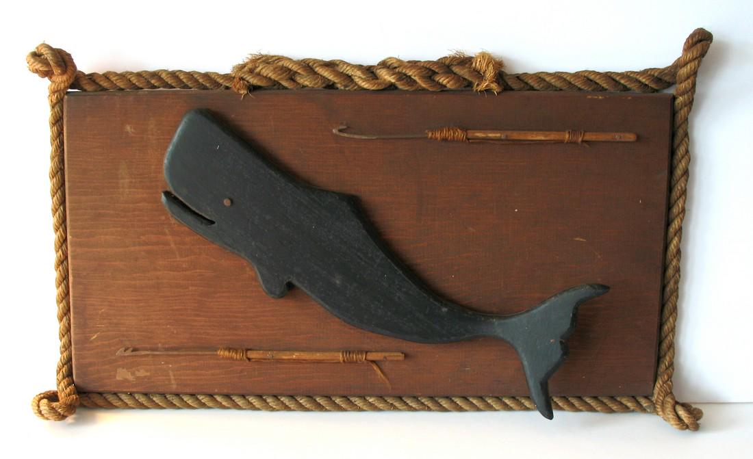 Whale on board diorama.: Title: Whale on board diorama. Date: 1940's Dimensions: 22” x 12” Provenance/Additional Information: Interesting vintage whale on a board with harpoons & a decorative rope border. Shipping: Domest