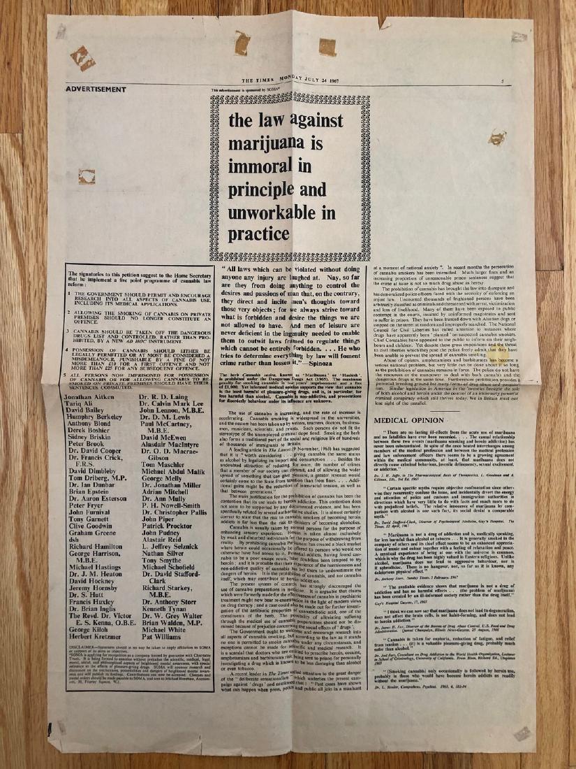 THE LAW AGAINST MARIJUANA IS IMMORAL - ORIGINAL 1967: THE LAW AGAINST MARIJUANA IS IMMORAL - ORIGINAL 1967 NEWSPRINT POSTER. Petition advertisement in the TIMES newspaper - July 24, 1967, for the legalization of pot to the Home Secretary of the United St