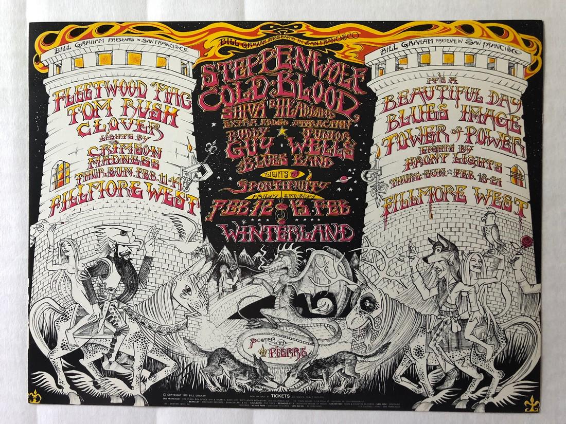 FLEETWOOD MAC HANDBILL - with Steppenwolf, and more: FLEETWOOD MAC HANDBILL - with Steppenwolf, and more. Jake Pierre's Medieval vision advertised Fleetwood Mac, Steppenwolf, and It's A Beautiful Day in three separate concerts sharing the Fillmore West 