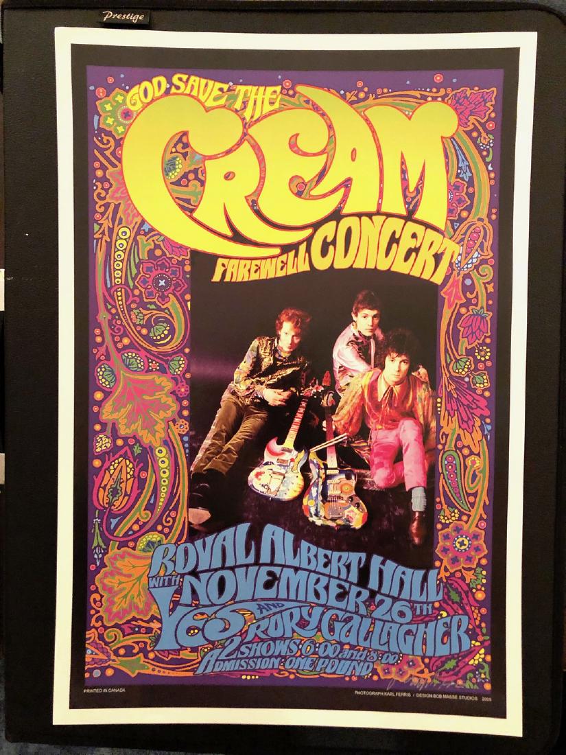 CREAM - ROYAL ALBERT HALL - SLOW HAND - SIGNED: COMPLETE YOUR BOB MASSE COLLECTION ! ! ! CREAM - ROYAL ALBERT HALL - SLOW HAND - Eric Clapton SIGNED commemorative print Heavy Stock Approx. 14 x 24 Bob Masse is from British Columbia - Canada's west