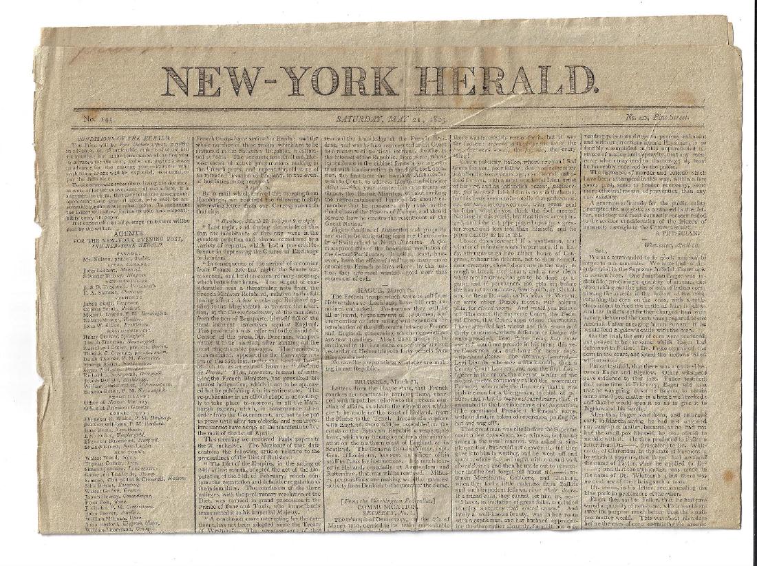 1803 New York Herald Politics West Indies: The May 21, 1803 issue of the “New-York Herald”, printed by Michael Burnham, folio. Complete on four pages. Interesting political content and new from the West Indies. Public notices and ads on ve