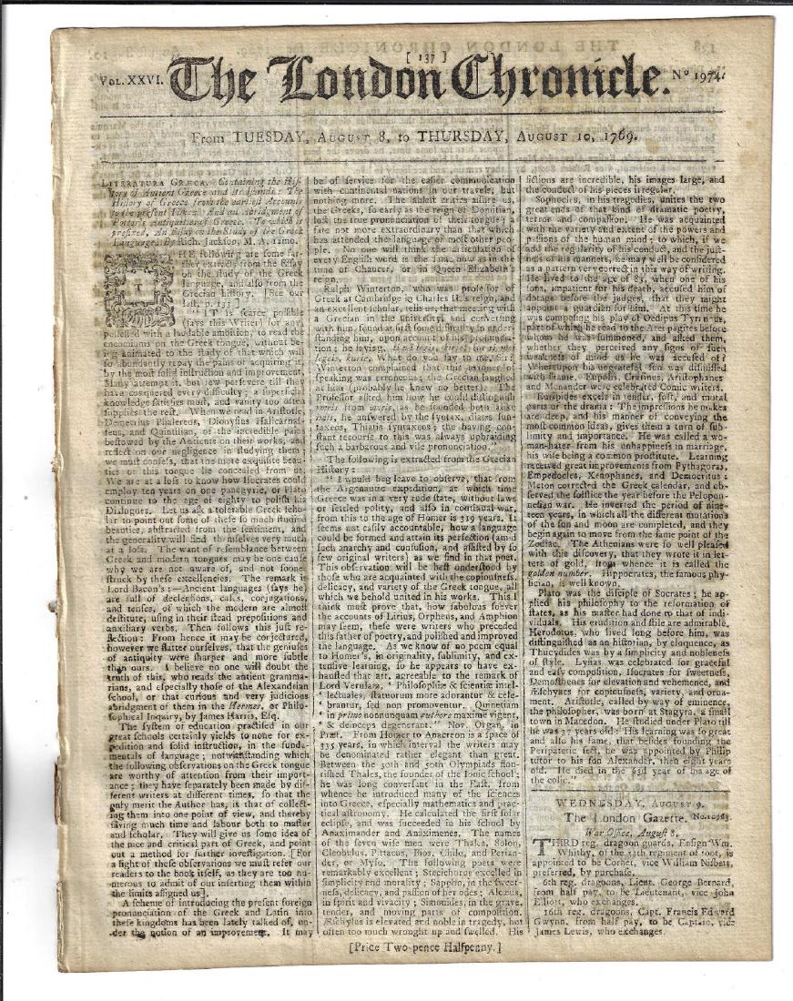 1769 London Chronicle Robin-Hood Society: The London Chronicle for August 8-10, 1769. Eight pages complete, interesting content including a debate of the Robin Hood Society. Fine, measures 9 x 11”. Reserve: $20.00 Shipping: Domestic: Flat-r