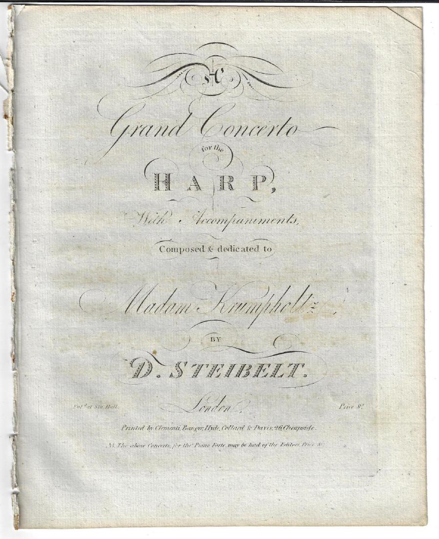 c1805 Engraved Bass Music Grand Concerto: “A Grand Concerto for the Harp, With Accompaniments Composed and Dedicated to Madam Krumpholl”, by Steinbelt, printed at London by Clementi, Banger, Collard, & Davis (1805). This is the Bass accom