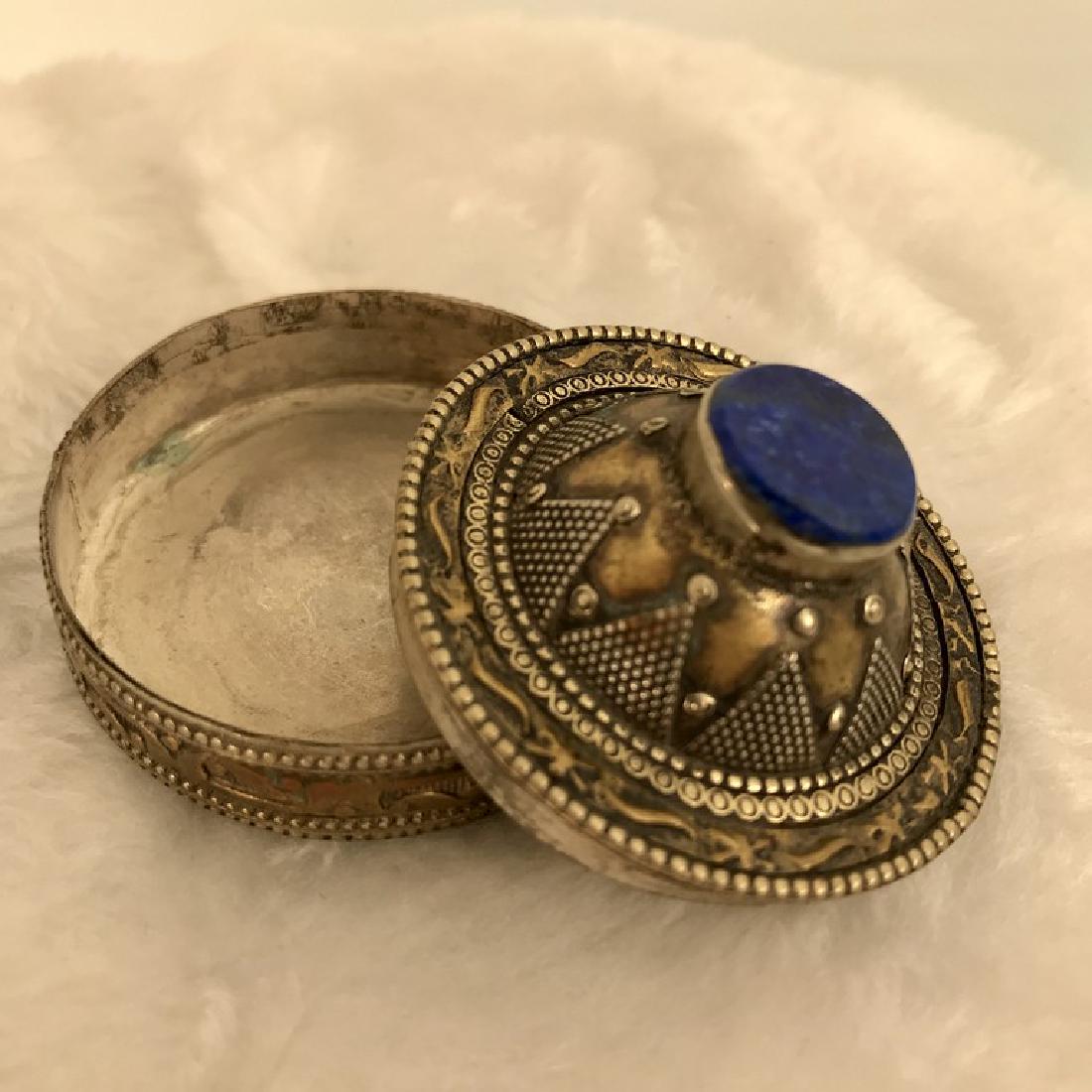 Antique Turkish Snuff Tin in Silver and Lapis Lazuli: Reserve Reduced! New to Jasper52 Title: Antique Turkish Snuff Tin in Silver and Lapis Lazuli Additional Information: Festooned with Star, Wave, and Geometric Shapes Date/Period: c. 1800 Materials: Sil
