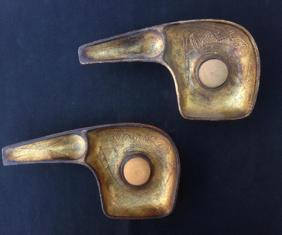 Italian leather wrapped “Egyptian” smoking pipe trays,: Reserve Reduced! A pair of absolutely incredible smoking pipe trays with cork tappers, Italian, dating from the 1950’s. Made of pottery and covered with gilt leather, beautifully patinated though ob