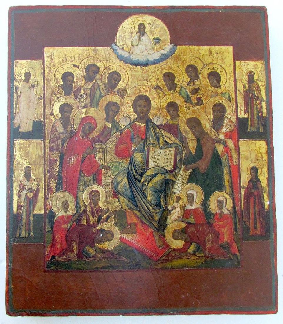 1800s RUSSIAN ANTIQUE ORTHODOX ICON of JESUS KING OF: 1800s RUSSIAN ANTIQUE ORTHODOX ICON of JESUS KING OF KINGS. Hand painted with egg tempera. Gesso on wood panel. Size: 11 by 13". Authenticity guaranteed. A rare and well done Deisis variant. Christ en