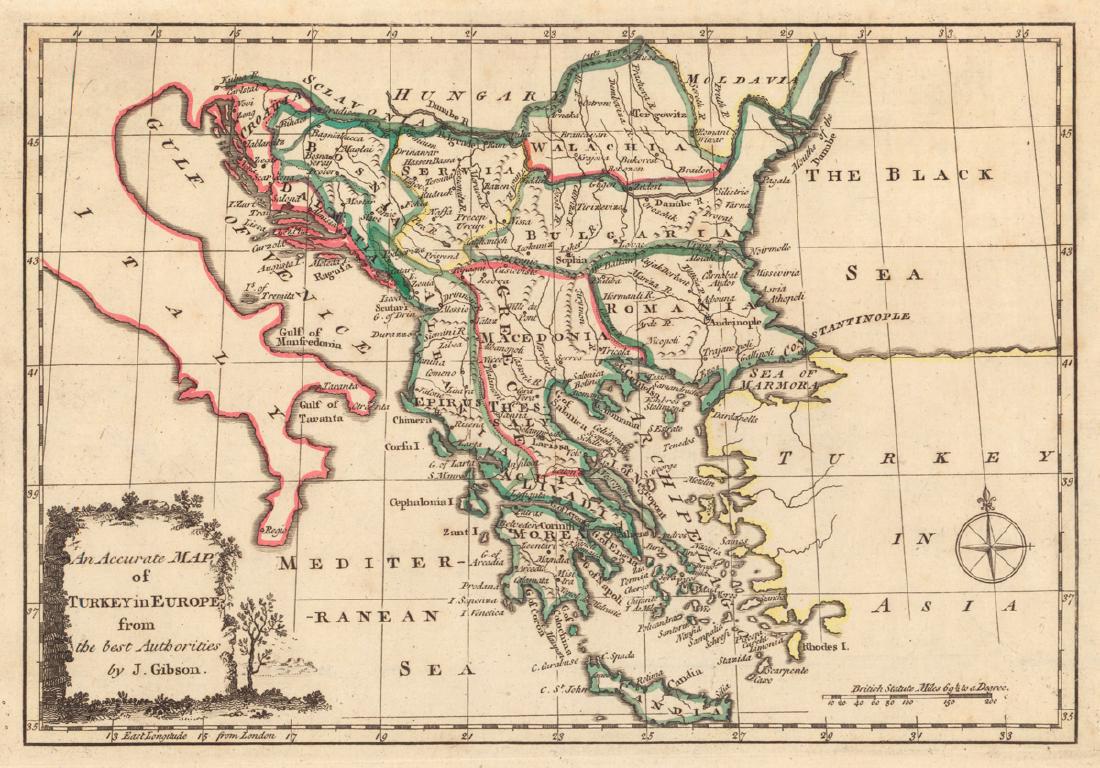 Accurate Map of Turkey in Europe: Map Title: Accurate Map of Turkey in Europe Publication Date: 1760 Cartographer: GIBSON, J. Size: 7.3 X 10.75 "from the best authorities by J. Gibson." Reserve: $40.00 Shipping: Domestic: Flat-rate