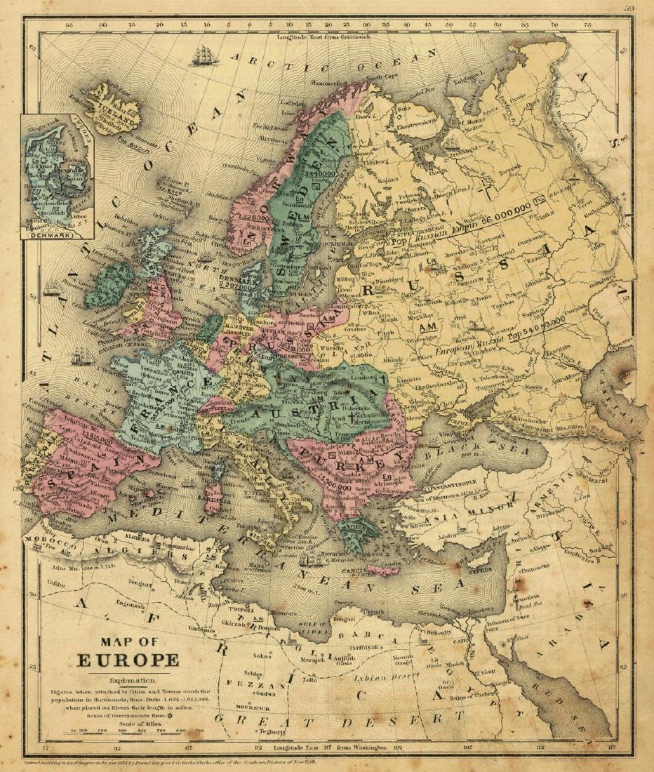 Map of Europe: Map Title: Map of Europe Publication Date: 1855 Cartographer: SMITH, ROSWELL C. Publisher: D. BURGESS & CO. Size: 10.25 X 8.5 Polar projection. Inset of Denmark. Browned, finger soiled. Encapsulated R