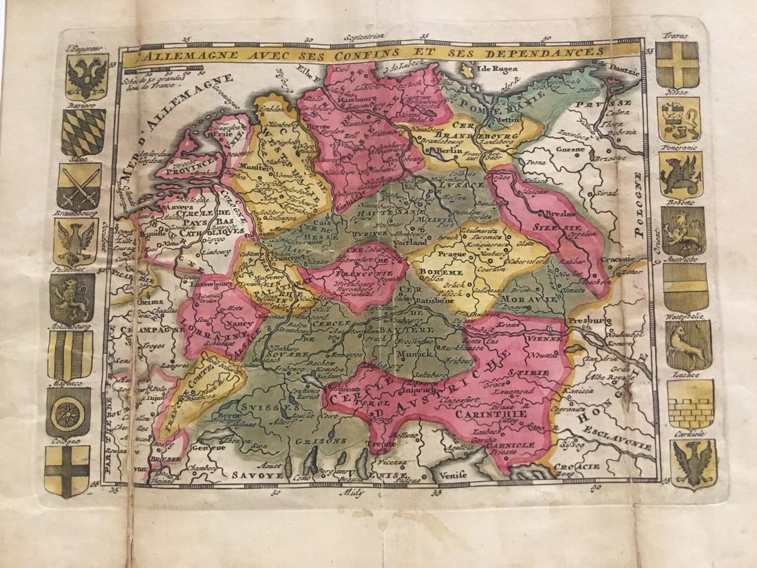 Rare map of the Holy Roman Empire, Germany, Austria,: Title/Content of Map: Rare map of the Holy Roman Empire, Germany, Austria, Czech Rep with flags are countries on either side Date: 1717 Cartographer: Feuille Size: 7.6x10.6” Provenance: Amsterdam Ad
