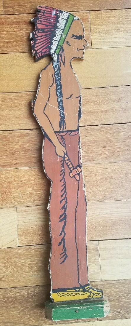Vintage painted wooden wood Indian chief: Neat unusual piece in good condition. One side much better than other. Guessing dates to 1950s. Base has nails in it. 27" tall . 1/4" thick. solid piece of wood. Shipping includes insurance.BID WITH C