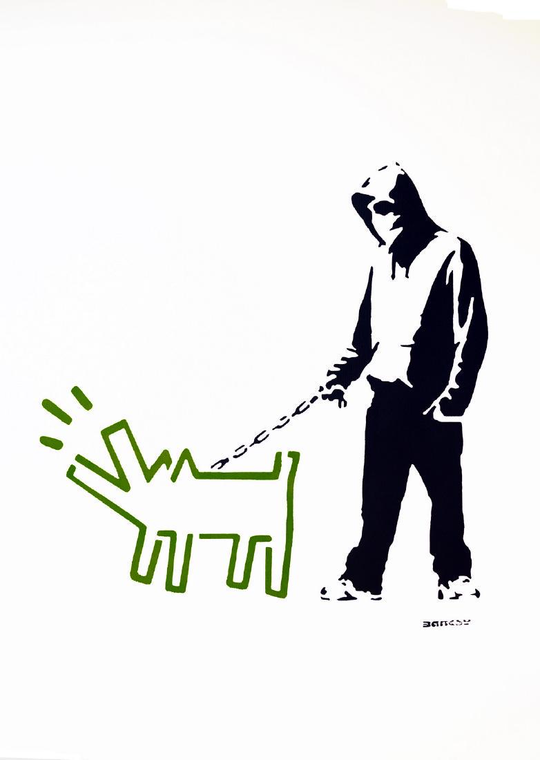BANKSY, after - Hoodie & Keith Haring Green Dog: Title: BANKSY, after - Hoodie & Keith Haring Green Dog Maker: BANKSY Origin: United Kingdom Year: 2016 Materials: Arches paper 420 g Size: 100x70 cm. Additional Information: Banksy, after. Stencil Str