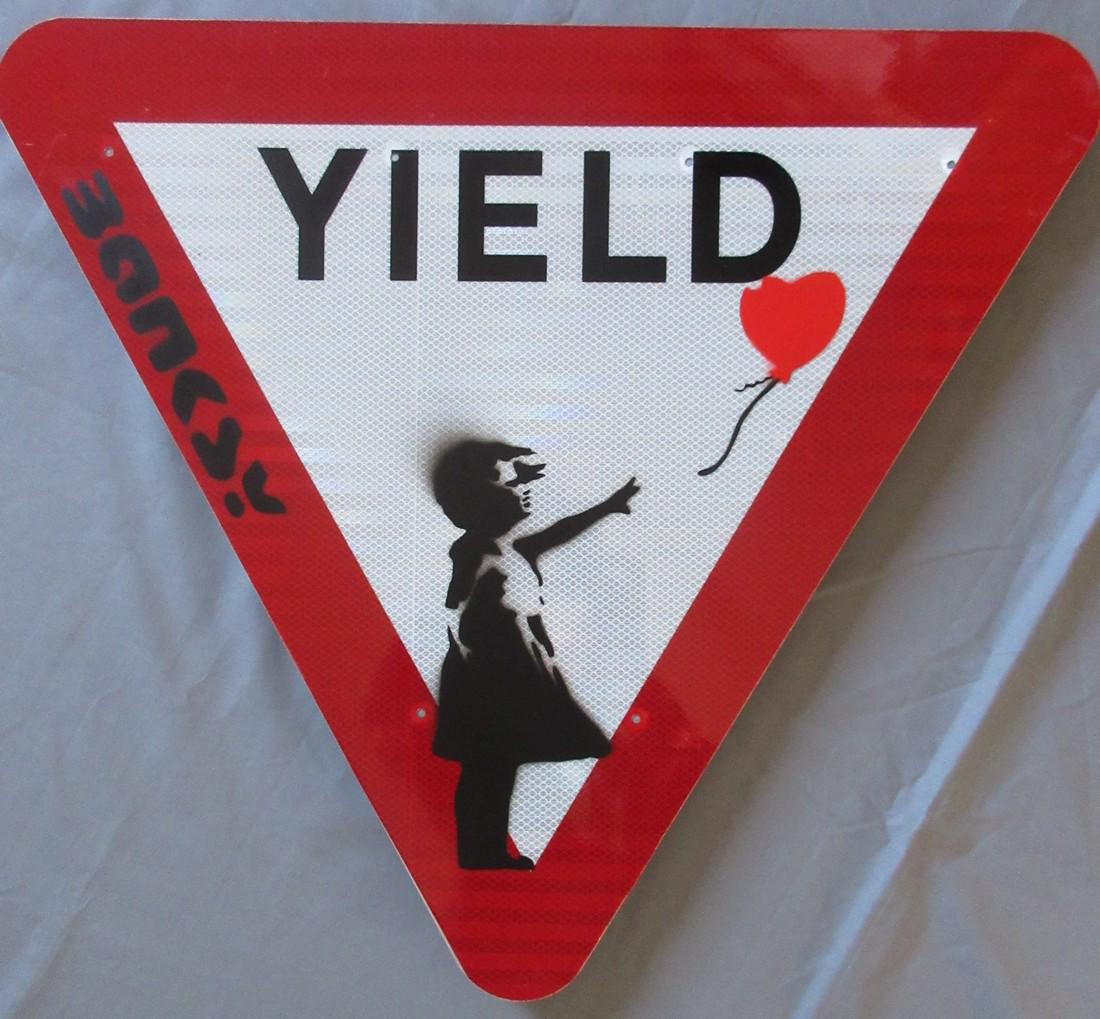 After Banksy Girl With Balloon spray paint metal street: Title: Banksy Girl With Balloon spray paint metal street sign. - Banksy Dimensions: Height 60 cm X Width, 68 cm. Additional Information: Banksy (after) Girl With Balloon spray paint on metal street si