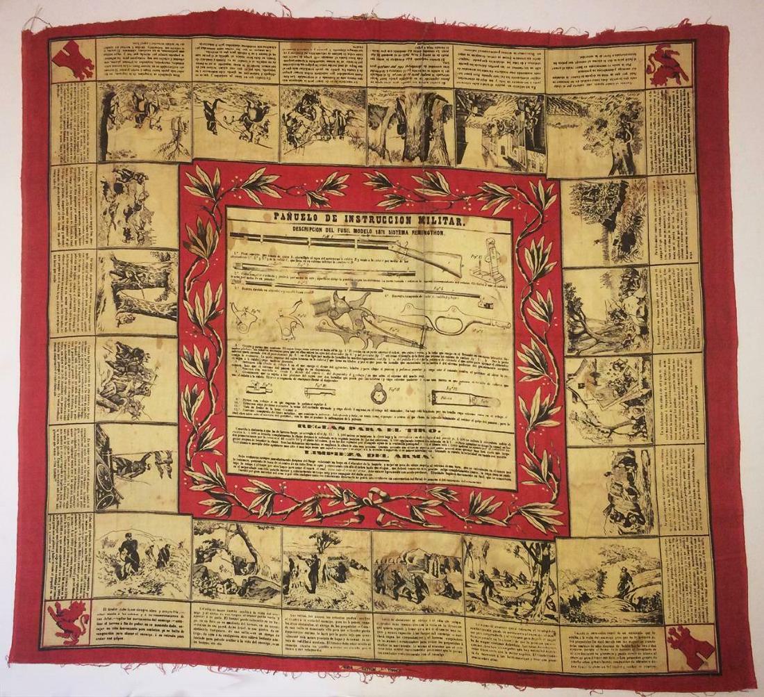 1871 REMINGTON RIFLE, 19th CENT. MILITARY INSTRUCTION: 1871 REMINGTON RIFLE, 19th CENT. MILITARY INSTRUCTION HANDKERCHIEF in SPANISH Description: Antique 19th Century Instructional Handkerchief for Spanish Military use of the 1871 Remington Rifle. Remingt