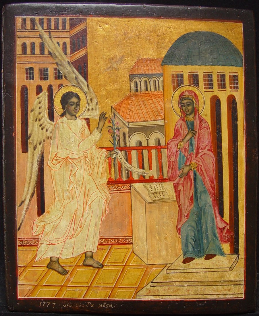 Annunciation: Item: Annunciation Origin: Greek Date: 18th century Materials: tempera and on wooden board Size: Size 31 x 26 The Feast of the Annunciation of Our Most Holy Lady, the Theotokos and Ever-Virgin Mary is