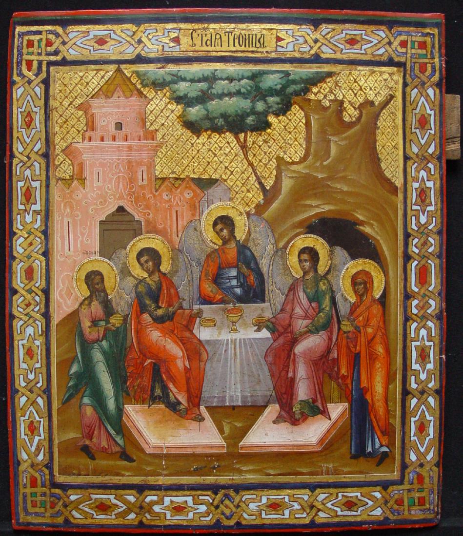 The old Trinity: Title: The old Trinity Origin: Russia Date: 19th century Materials: tempera on wooden board with embossing and engraving Size: size 35 x 29 cm Additional Information: “Sujet” based on the composit