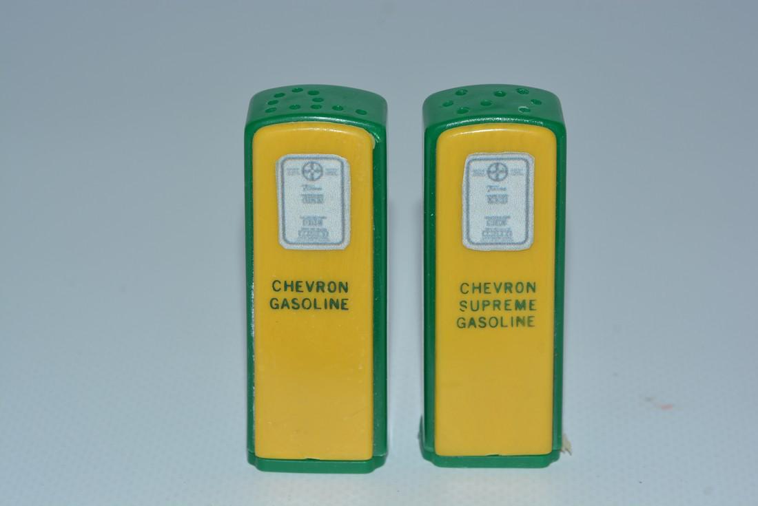 Chevron Gasoline & Supreme Plastic Gas Pump Salt &: No Reserve! rated 9, has new paper label meters, heat stamped names, bodies are nice green with yellow doors, one is heat stamped on back, 2.75"T. Shipping: Domestic: Flat-rate of $15.00 to anywhere w