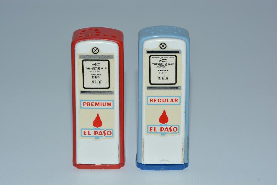 El Paso Premium & Regular Plastic Gas Pump Salt &: No Reserve! rated 9, has water transfer decal whole front, nice, minor wear to blue pump, bodies are red & light blue with white doors, 2.75"T. Shipping: Domestic: Flat-rate of $15.00 to anywhere with