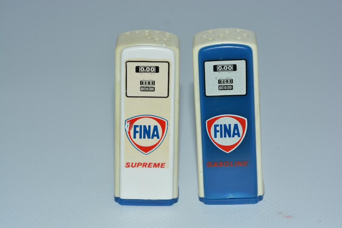 Fina Gasoline & Supreme Plastic Gas Pump Salt & Pepper: No Reserve! rated 9.5 & 8.9, full water transfer decals, Supreme has minor damage in field, but bodies are cream color with blue and white doors, one is ink stamped on back, 2.75"T. Shipping: Domestic