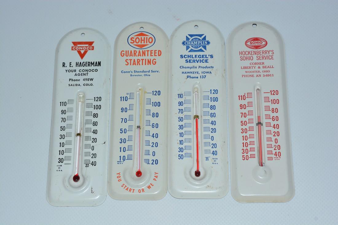 4-Small Metal Advertising Thermometers: No Reserve! 2-Sohio, Champlin & Conoco rated 9, tubes are good, 6.5"T. Shipping: Domestic: Flat-rate of $15.00 to anywhere within the contiguous U.S. Combined shipping: Please ask about combined shipp