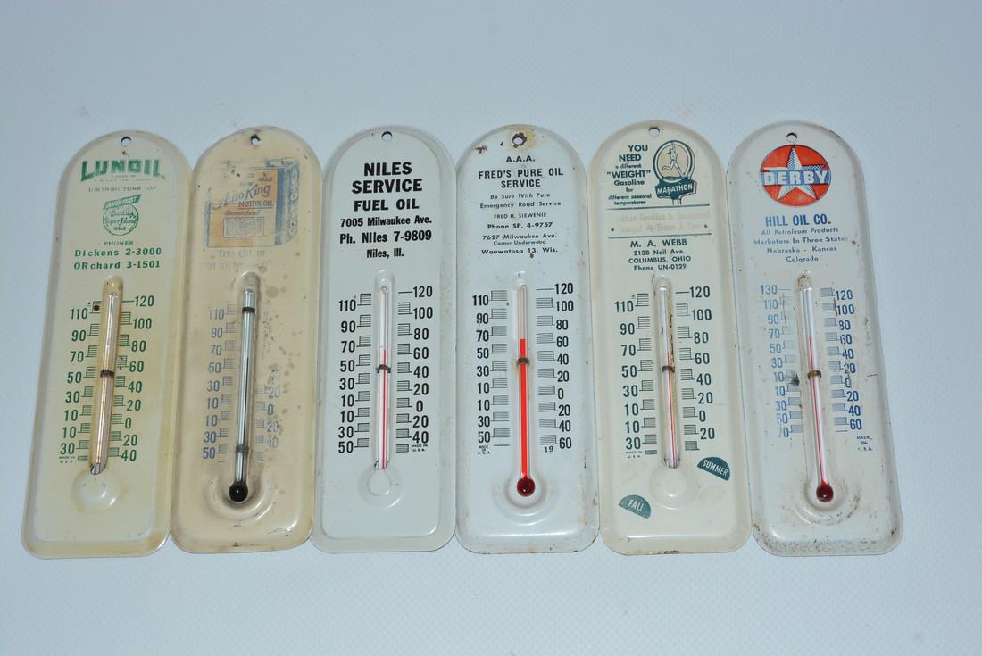 6-Small Metal Advertising Thermometers: No Reserve! rated 7, all have wear, fine scratches or fading, tubes are good, 6.5"T. Shipping: Domestic: Flat-rate of $15.00 to anywhere within the contiguous U.S. Combined shipping: Please ask about 