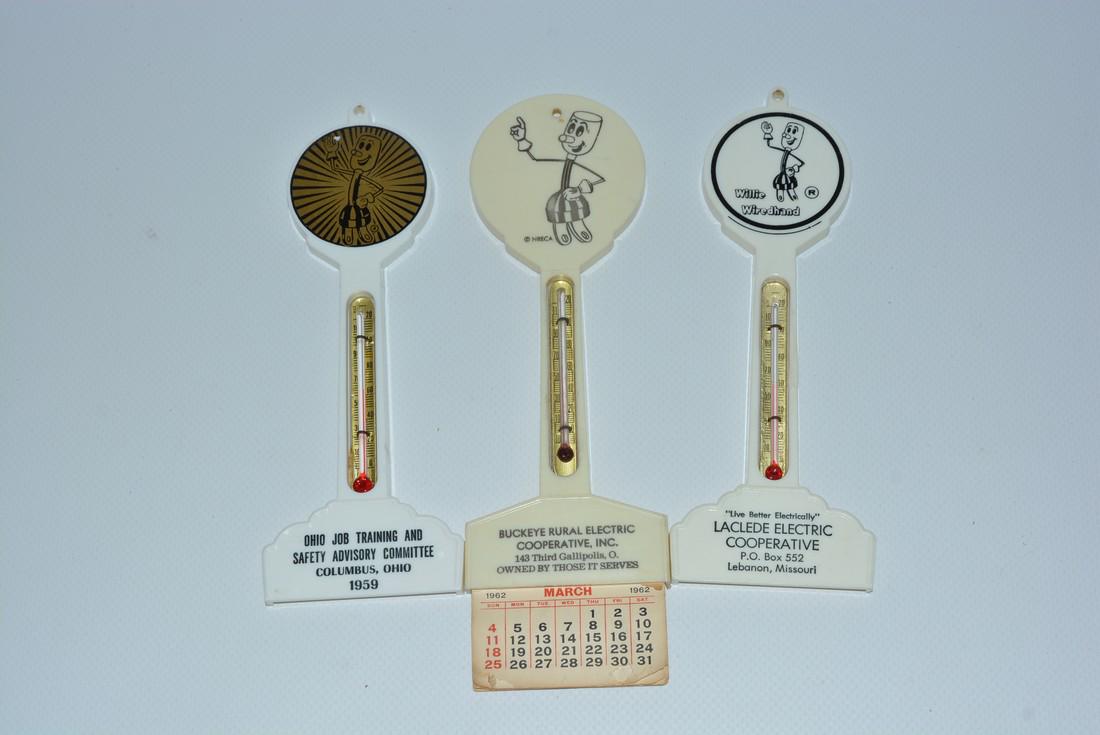 3-Willie Wiredhand Plastic Pole Thermometers: No Reserve! rated 8.5 to 9, light wear, tubes are good, 7"T. Shipping: Domestic: Flat-rate of $15.00 to anywhere within the contiguous U.S. Combined shipping: Please ask about combined shipping for mu