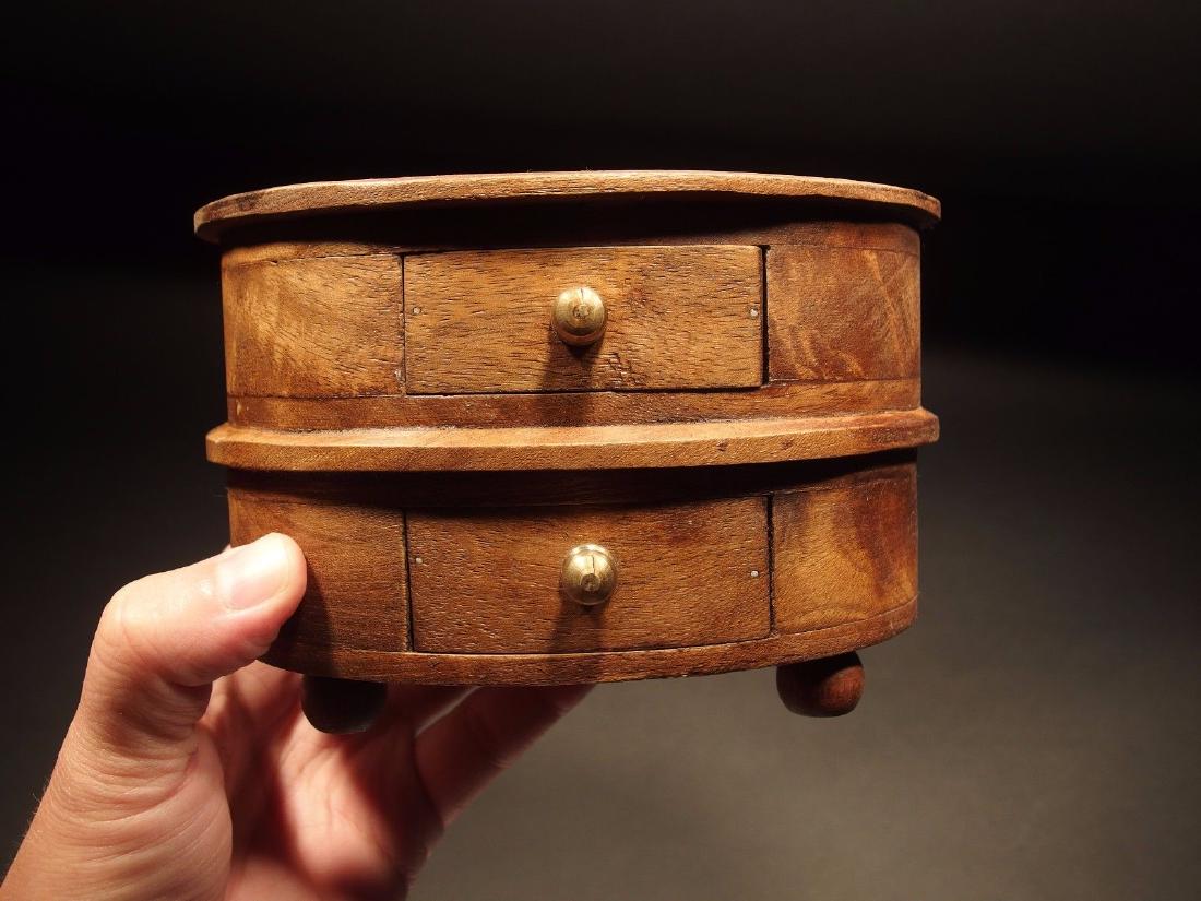 Wood Jewelry Trinket Box: 6 1/2" Long 4 3/8" Wide x 4 3/8" High Beautiful and creative reproduction antique box with an assortment of storage areas made from a beautiful unknown hardwood with a distressed finish. Pieces like t