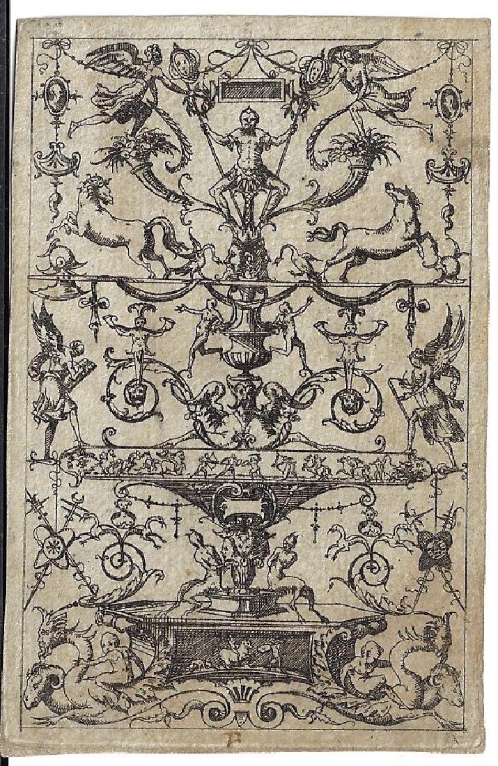 1566 Engraving Du Cerceau Grotesques: An engraving of Jacques Du Cerceau (1510-1581) circa 1566 from his series of Petit Grotesques. Beautiful design laid on paper, measures 4.25 x 2.875”. Fine Condition. Reserve: $50.00 Shipping: Domes